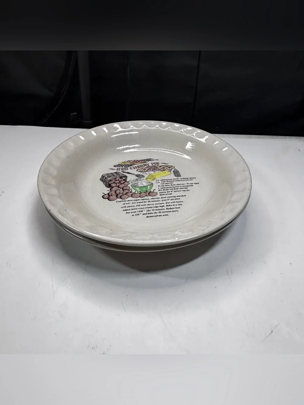 Vintage Red Cherry Pie Baking Dish Plate Recipe 10 Inch Ivory